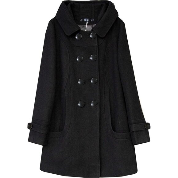 Women's Black Warm Double Breasted Wool Pea Coat Trench Coat Jacket with Hood - Picture 3 of 8